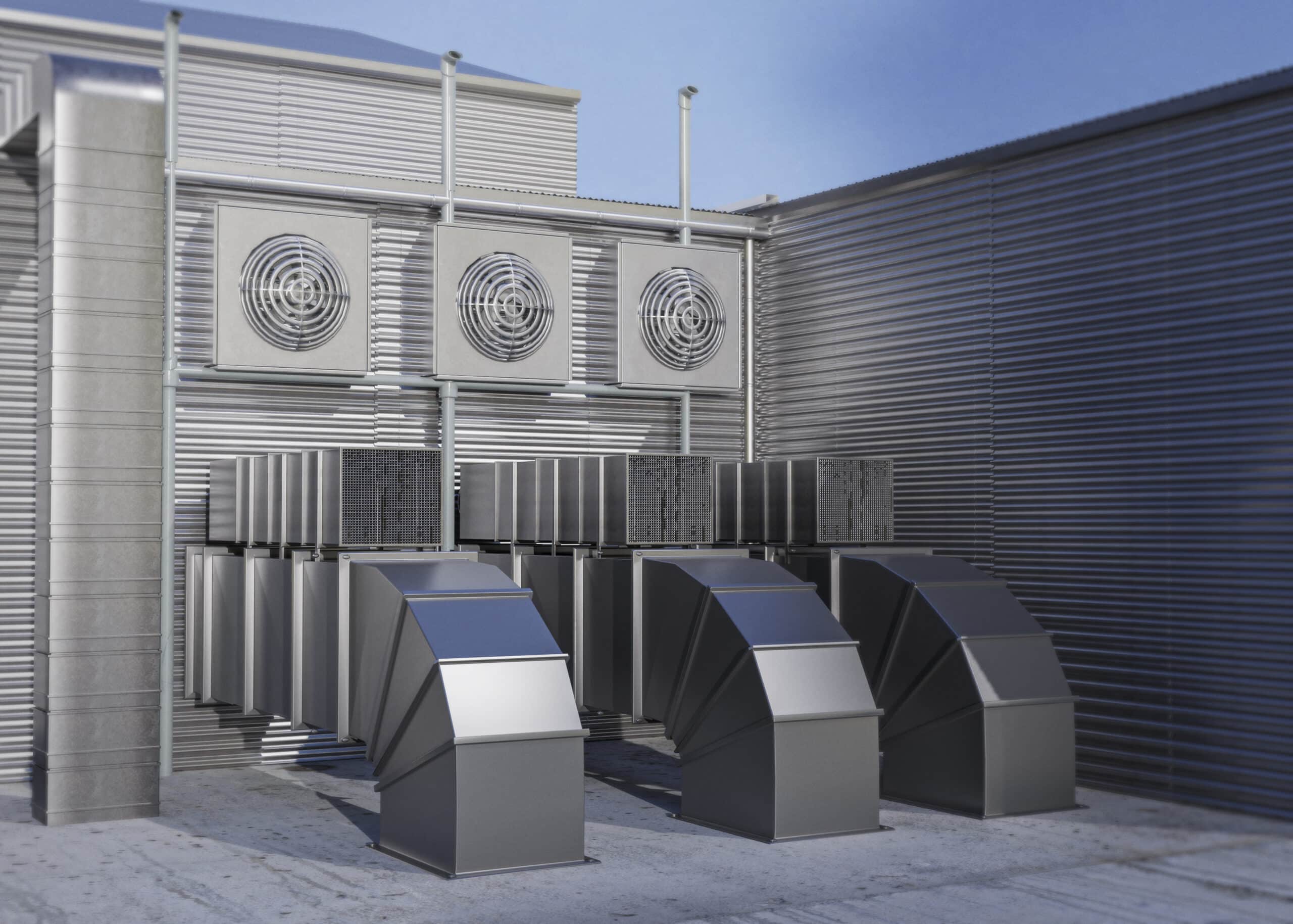 Groupes de climatisation et de ventilation sur un toit industriel